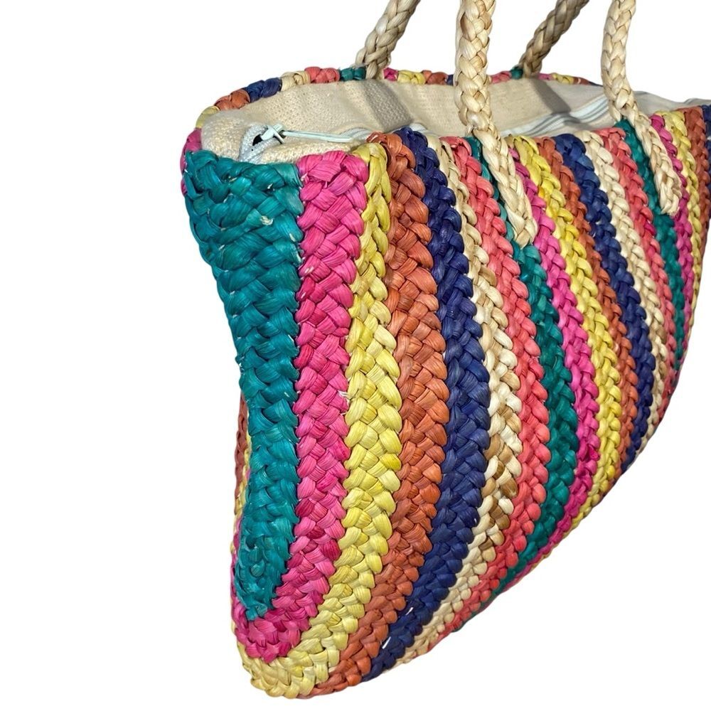 Waves Straw Beach Bag Vintage 80s 90s Colorful Deep Tote Dual Handle Flat Bottom - Picture 3 of 9